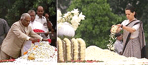 President K.R. Narayanan and Congress president Sonia Gandhi paying homage at the Rajiv Gandhi samadhi 'Veerbhumi' in New Delhi on Sunday on the occasion of late Prime Minister's 56th anniversary