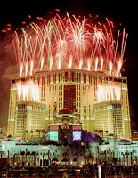 Fireworks by Grucci erupt around the $1.4 billion Aladdin in Las Vegas on Saturday. The fireworks display coincided with the first concert in Aladdin's Theatre for Performing Arts