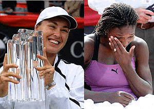 Martina Hingis with the trophy after winning the final over Serena Williams at the Du Maurier Open Tennis tournament in Montreal on Sunday