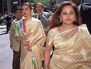 Actresses Rekha, left, and Jayaprada arrive at the India Day parade on Madison Avenue in New York, Sunday, Aug. 20, 2000. The parade is usually held on the Sunday following Aug. 15, which marks the anniversary of India's independence from British colonial rule in 1947. � PTI photo