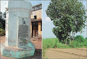 A memorial raised in memory of the 1846 war and a tree near the well once connected with an erstwhile fort of the village. � photographs by Rajesh Bhambi
