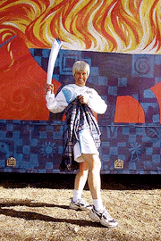 Lisa Reed shows what's really under kilt! Lisa lit the cauldron at the lunch celebration on Tuesday, in Glen Innes, NSW, Australia. The Olympic Torch is spending 100 days travelling around Australia on it's way to Sydney for the opening ceremony of the Sydney 2000 Olympic Games on Sept 15