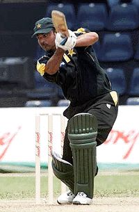 Pakistan's Ijaz Ahmed, who scored 54 runs for his team, in action during the second match of the Singapore Challenge 2000 triangular cricket series on Wednesday