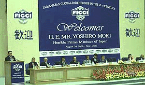 Japanese prime minister Yoshiro Mori addressing Indian industrialists at a function organised by FICCI in New Delhi on Thursday