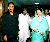 Former Prime Minister Khaleda Zia meets ex-President H.M. Ershad, at his residence on Friday, after the General was sentenced five years in jail on a corruption case in Dhaka on Thursday night. Ershad and Zia belong to the four-party Opposition alliance. Jatiya Party leader Naziur Rahman is at the centre