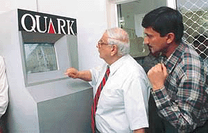 The UT Administrator, Lieut-Gen J.F.R. Jacob (retired), watches the working of a touch screen computer, inaugurated by him on Friday as part of an information centre