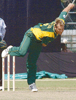 South African Jacques Kallis bowls at the International One Day Cricket Triangular in Singapore on Friday. � Reuter