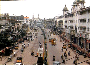 Normally busy road leading to Charminar with shops closed in Hyderabad on Tuesday