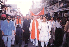 Activists of the Shiv Sena organise a protest rally against Pakistan on Saturday in Ludhiana.   