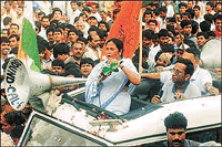 Ms Mamata Banerjee, president of the Trinamool Congress, speaks during a protest rally against the ruling Communist government in Calcutta on Sunday.