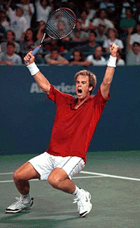   Magnus Norman of Sweden reacts to winning a fifth-set tie breaker in his singles match against Max Mirnyi of Belarus at the U.S. Open tennis tournament on Sunday, in New York.