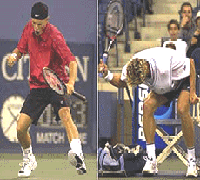 Thomas Enqvist of Sweden bashes his racket in frustration during his singles match against Lleyton Hewitt of Australia at the U.S. Open tennis tournament on Monday.