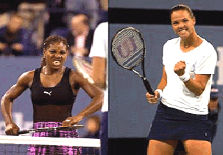 Dethroned US Open defending champion Serena Williams (left). Lindsay Davenport (right) at the US Open.