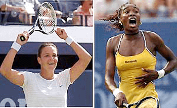 USA's Lindsay Davenport smiles after defeating Russia's Elena Dementieva by 6-2, 7-6 and (right) Venus Williams after defeating Switzerland's Martina Hingis by 4-6, 6-3, 7-5 in their women's semi-final of the US Open Tennis tournament in New York on Friday  PTI photo 