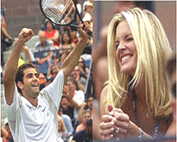 American Pete Sampras during the semifinal match at the US Open in New York (Left).Bridgette Wilson cheers on fiance Pete Sampras during match against Lleyton Hewitt. (Right).