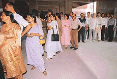 Long queue at the GCG-42, Chandigarh, for the Panjab University Senate elections on Sunday. � A Tribune photograph