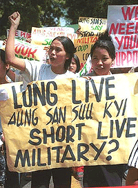 United pro-democracy activists of Burma demonstrating in protest against the brutal repressive military rule of Burma on the 12th anniversary fo military coup, at Jantar Mantar in New Delhi on Monday