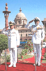 Chief of the Naval Staff Sushil Kumar with his Indonesian counterpart Alhmad Sutaipto during a welcome ceremony in honour of the Indonesian Naval Chief in New Delhi on Monday
