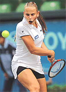 Jelena Dokic gets set to hit a backhand against Meghann Shaughnessy in the Toyota Princess Cup tennis tournament in Tokyo on Tuesday