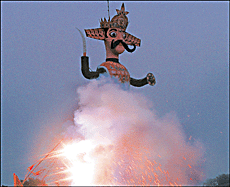 Marking victory of good over evil, an effigy of Ravana goes up in flames in Sector 46, Chandigarh, on Saturday. 