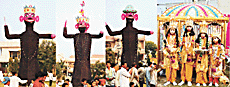 Effigies of Ravana, Meghnada and Kumbhkarana set up in Ludhiana on the occasion of Dasehra; and (right) children pose as Lord Rama, Laxmana, Bharata and Shatrughana in front of a specially created palki