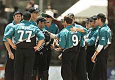 New Zealand's cricketers celebrate the end of Pakistan's innings during their ICC knockout tournament clash on Wednesday.