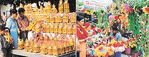 Earthen huts and other decorative items for Divali on sale in Chandigarh on Tuesday. 