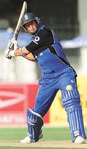 England cricket captain Nasser Hussain plays a delivery off Pakistani spinner Shahid Afridi (not shown) during their second one-dayer at Gaddafi Stadium in Lahore on Friday.