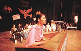 A girl participates in the symposium on poetry at the Panjab University Zonal Youth Festival (Zone-A), hosted by Government College for Girls, Sector 42, at the Tagore Theatre in Chandigarh.