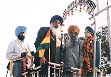 The Chief Minister of Punjab, Mr Parkash Singh Badal, offers floral tributes at the statue of martyr Kartar Singh Sarabha in Sarabha village on Thursday.