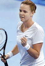 Lindsay Davenport of the USA pumps her fist after her victory over Belgiums Kim Clijsters during their Federation Cup semi-final match on Wednesday