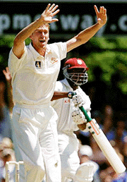 Australia's Glenn McGrath appeals successfully for lbw to dismiss West Indies batsman Nixon McLean 