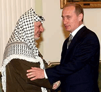 Russian President Vladimir Putin shakes hands with Palestinian leader Yasser Arafat