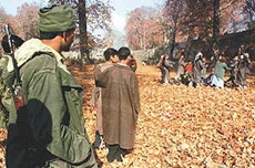 A paramilitary jawan watches the filming of a Bollywood movie in Nishat Garden on the outskirts of Srinagar.