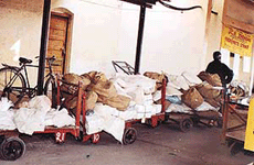 The first day of postal staff strike: mail bags pile up at Ludhiana railway station.
