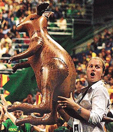 Jaslyn Hewitt, sister of Australian player Lleyton Hewitt, holds up an inflatable kangaroo as she cheers the Australian team during the doubles match of their Davis Cup final tie in Barcelona�s Palau San Jordi on Saturday.