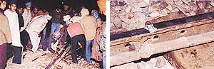 Railway workers repair the damaged rail track and (right) a part of the rail track near Badhowal in Ludhiana district where cracks have developed.