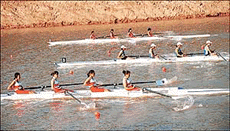 The women's coxless fours teams of Hong Kong (foreground) Chinese Taipei (c) and South Korea in action in heat B in the sixth Asian Junior Rowing Championship at Sukhna Lake on Thursday.