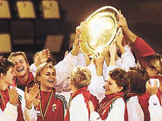 Hungarian handball women team celebrates after winning European Championship in Bucharest.