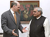 Indian Prime Minister Atal Behari Vajpayee meets Greek Foreign Minister George A. Papandreou in New Delhi on Friday. 