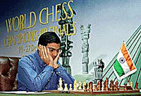 Indian grandmaster Viswanathan Anand defends against Spain's Alexei Shirovat the start of the second game in the final of the World Chess Championship in Tehran.