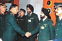 Chief Engineer Western Command, Maj Gen Madhav Arren greeting officers of the Judge Advocate General�s Department during the department�s 17th anniversary in Chandi Mandir.