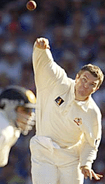 Bowler Stuart MacGill in action during the first day of the fifth Test between Australia and the West Indies at the Sydney Cricket Ground on Tuesday. 