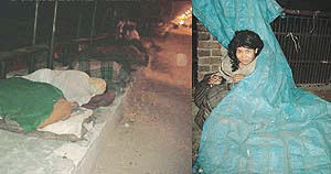 Night life in Ludhiana. The homeless people brave the chill with bonfires, while staying and sleeping on roads during the night