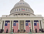 Military herald trumpeters perform during inaugural rehearsal ceremonies at the US Capitol in Washington on Sunday.