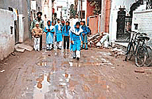 Water accumulated on broken inner streets of Subhash Nagar colony in Mani Majra.