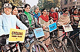 Students of Dev Samaj College for Education, Sector 36, take part in a cycle rally organised by Yuvsatta.