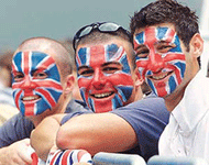 Supporters of Great Britain's Greg Rusedski (from L) Christien Thompson from Leicester, Wayne Poulton from Stourbridge and Simon Bloch from Liverpool sit with their faces painted in their national colours during Rusedski's fourth round match against France Arnaud Clement at the Australian Open in Melbourne.