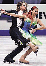 French dancers Marina Anissina and Gwendal Peizerat perform for the compulsory dance at the European Figure Skating Championships in Bratislava.