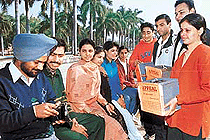 Students of Panjab University make donations for the quake-hit people of Gujarat, in Chandigarh on Wednesday.